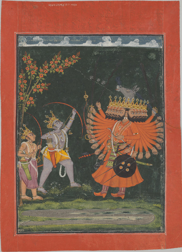 Chamba school — Rama and Lakshmana Fighting Ravana | Indian Miniature Painting Print