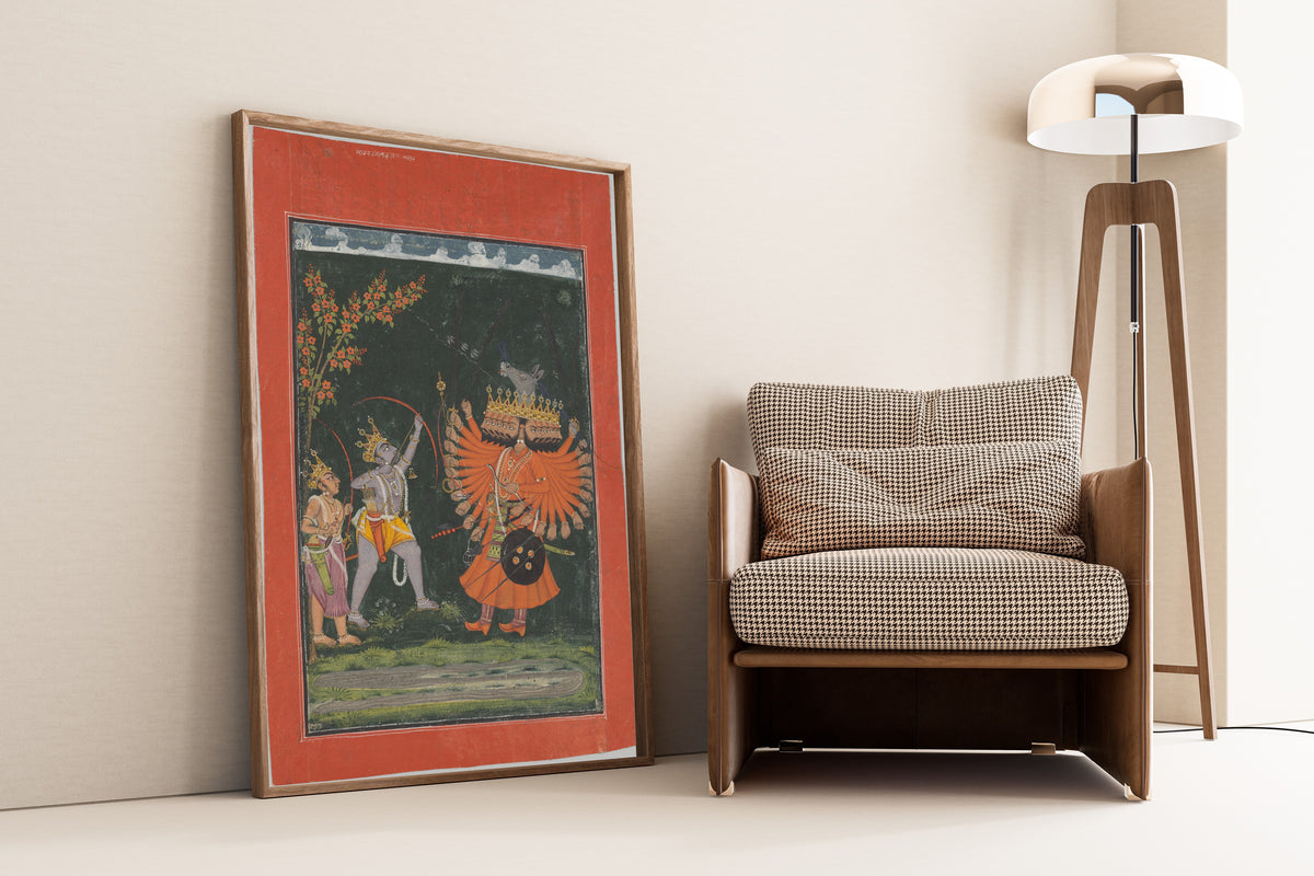 Chamba school — Rama and Lakshmana Fighting Ravana | Indian Miniature Painting Print