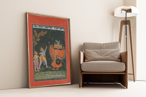 Chamba school — Rama and Lakshmana Fighting Ravana | Indian Miniature Painting Print