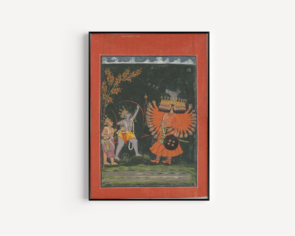 Chamba school — Rama and Lakshmana Fighting Ravana | Indian Miniature Painting Print