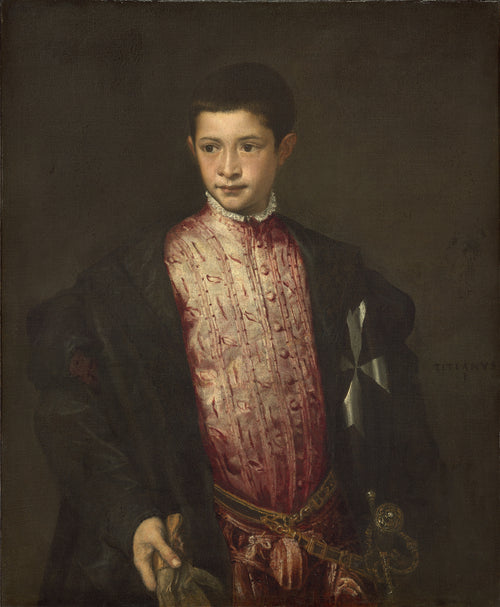 Ranuccio Farnese by Titian — A boy in a rose doublet and a black cloak marked with a white cross