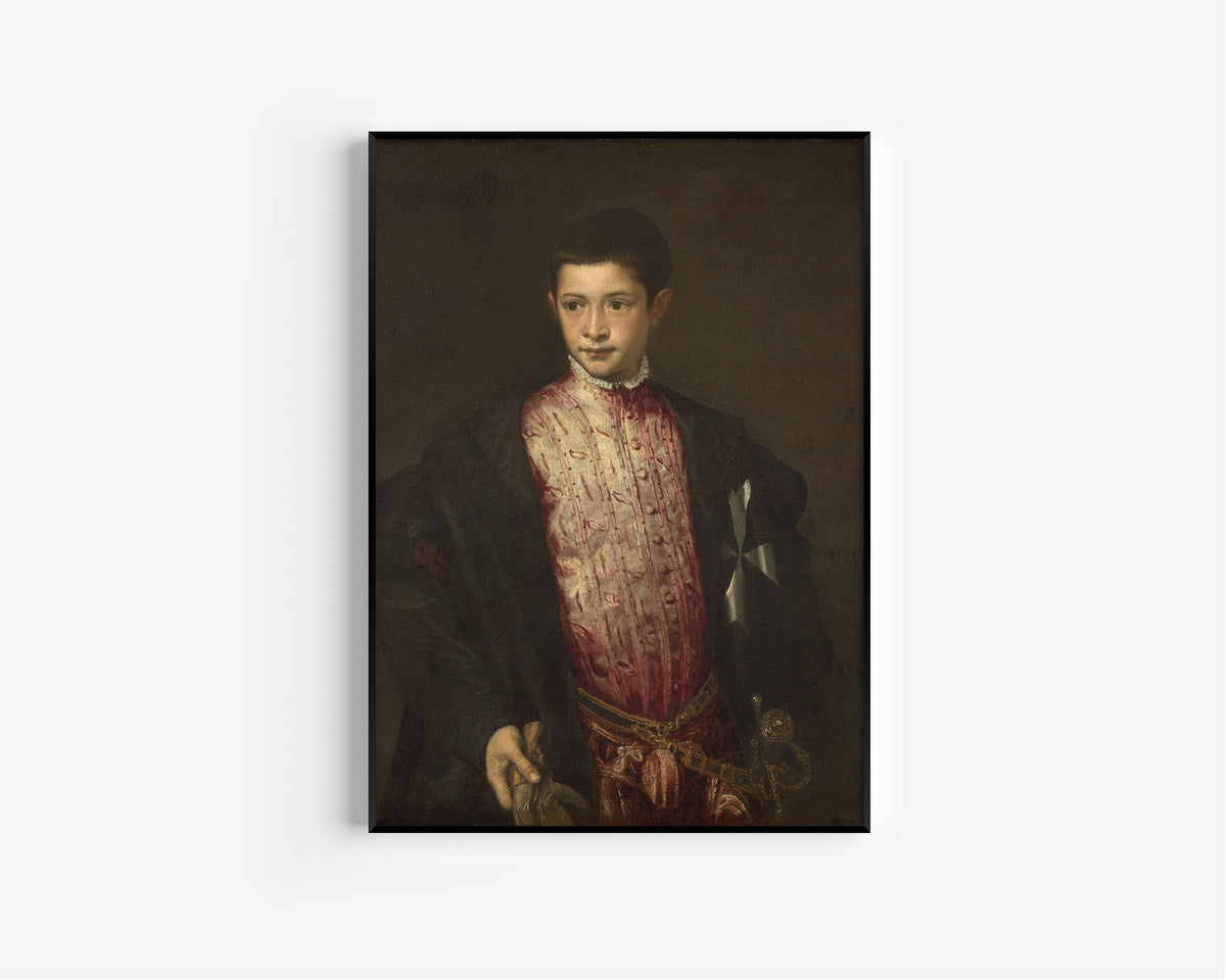 Framed art print of Ranuccio Farnese by Titian, in a slim black frame on a plain white wall