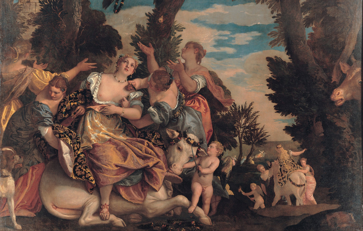 Rape of Europa by Paolo Veronese — A white bull kneels as Europa is crowded by four women
