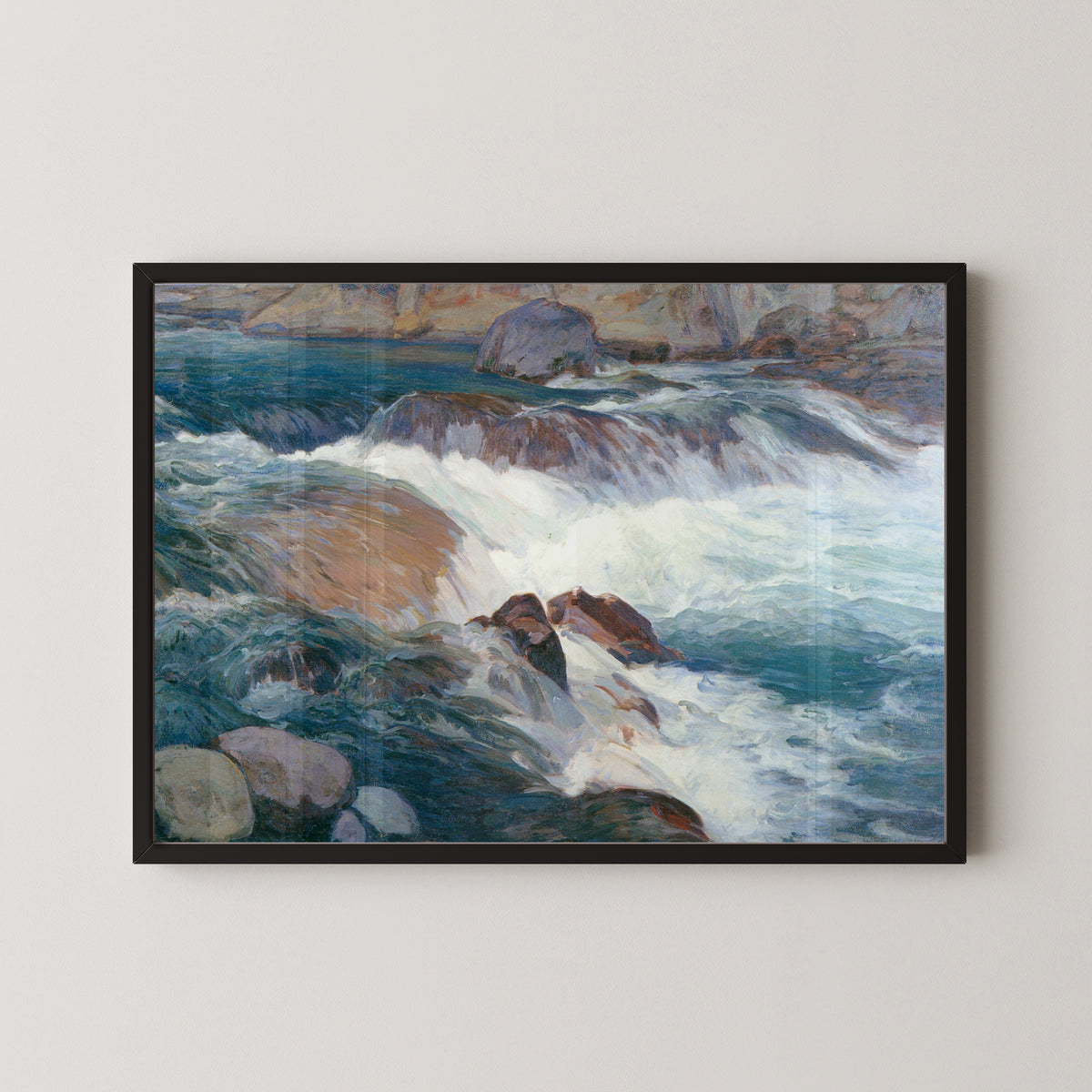 Framed art print of Rapid Stream by Hiroshi Yoshida, in a black frame on a pale wall
