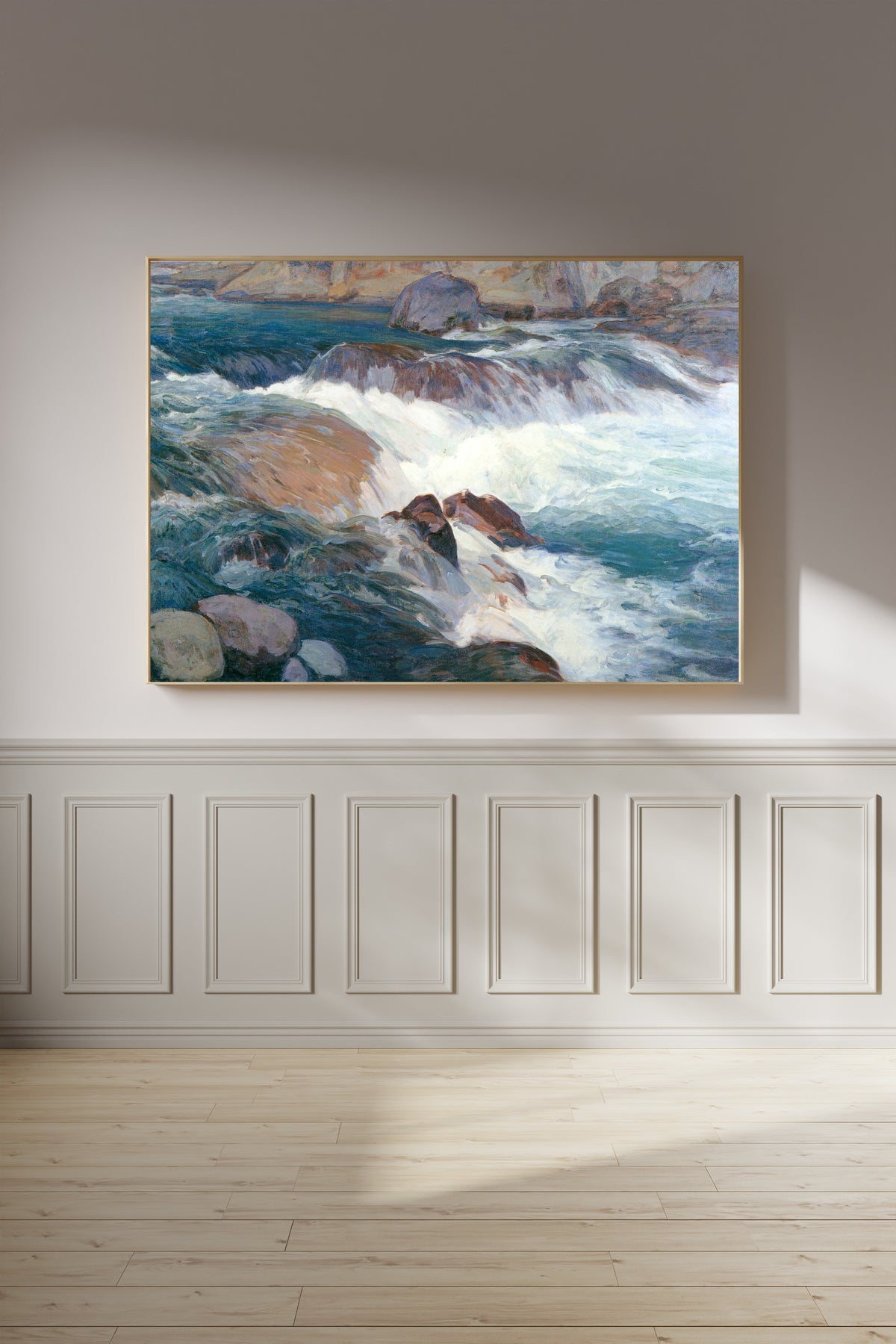 Framed art print of Rapid Stream by Hiroshi Yoshida, on a panelled wall in afternoon light