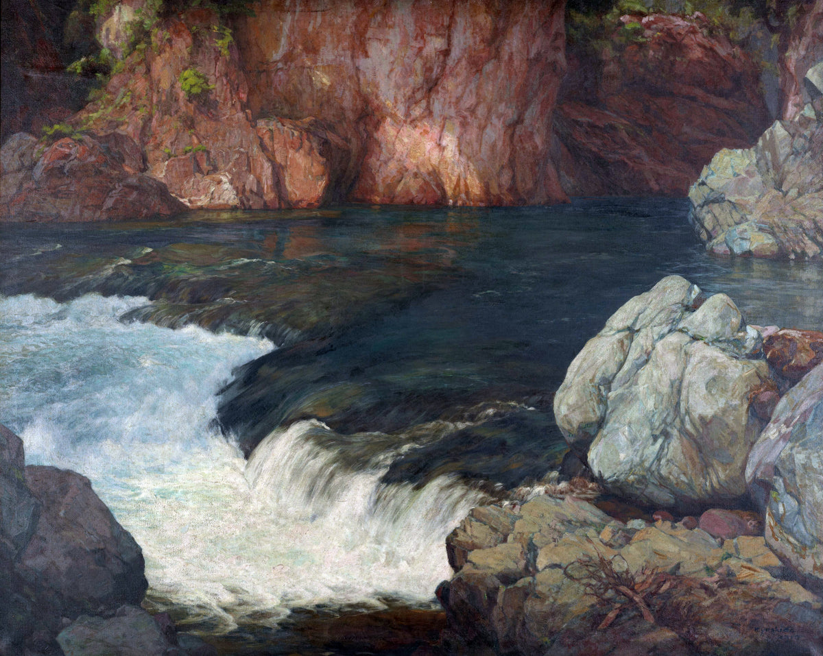 Rapids (1910) by Hiroshi Yoshida — White water spills over a ledge beneath a sunlit red cliff