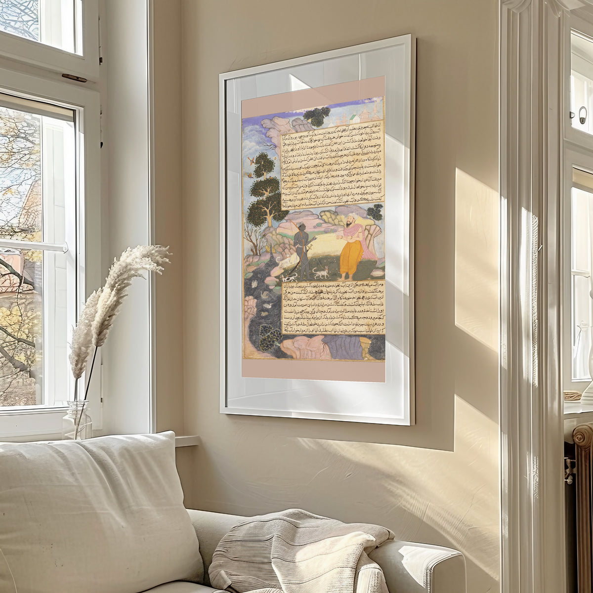 Framed art print of Razmnama: The Brahman Uttanka Meets Indra, Disguised as an Outcast Chandala by Qasim, in a sunlit living room above a sofa