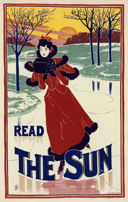 Read The Sun by Louis Rhead — A skater in a red coat glides over ice at sunset