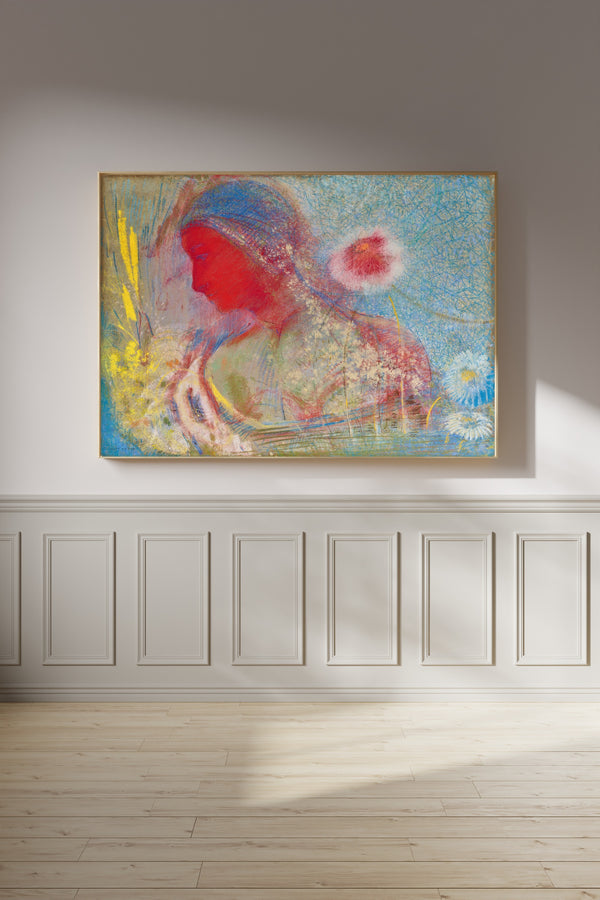 Odilon Redon — Red Head of a Woman Surrounded by Germinating Flowers | Symbolist Art Print