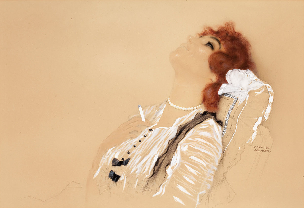 Redhead with a Cigarette by Raphael Kirchner — A red-haired woman tips her head back with a cigarette in hand