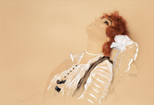 Redhead with a Cigarette by Raphael Kirchner — A red-haired woman tips her head back with a cigarette in hand
