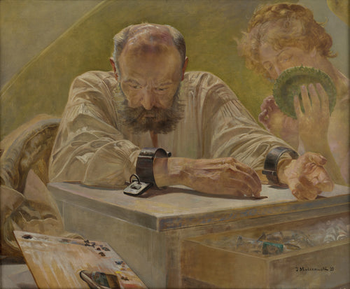 Relaxation (Rest) by Jacek Malczewski — A bearded painter in iron cuffs rests at a box as a figure looks on