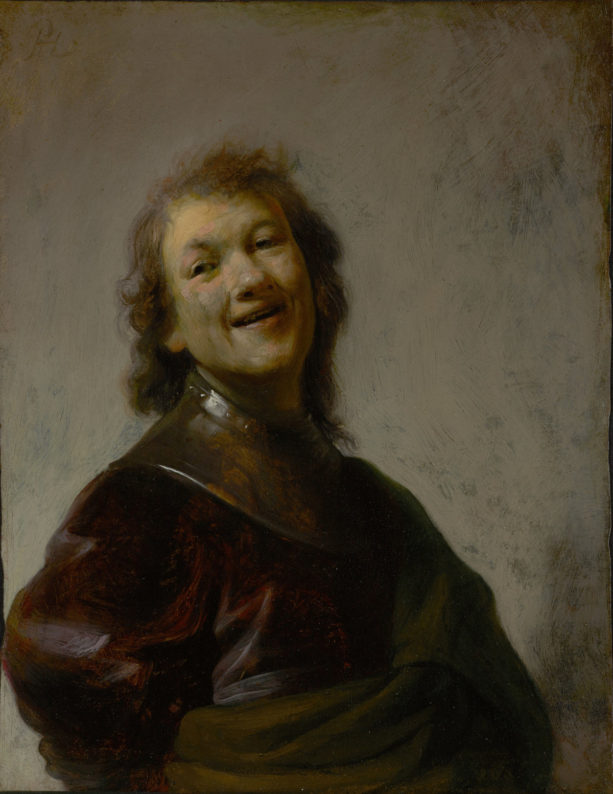 Rembrandt Laughing by Rembrandt van Rijn — A young man in a steel gorget throws back his head and laughs