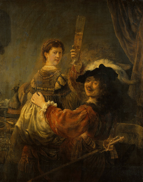Rembrandt and Saskia in the Scene of the Prodigal Son by Rembrandt van Rijn — A laughing man raises a tall glass with a woman on his lap
