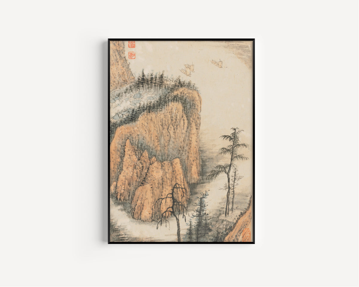 Framed art print of Reminiscences of Qinhuai River (Ochre Cliffs and Sails) by Shitao, in a slim black frame on a plain white wall