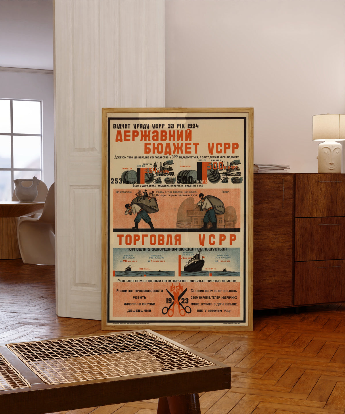 Framed art print of Report of the Government of the Ukrainian SSR for 1924: State Budget of…, in a light wood frame leaning in a warm room with a parquet floor