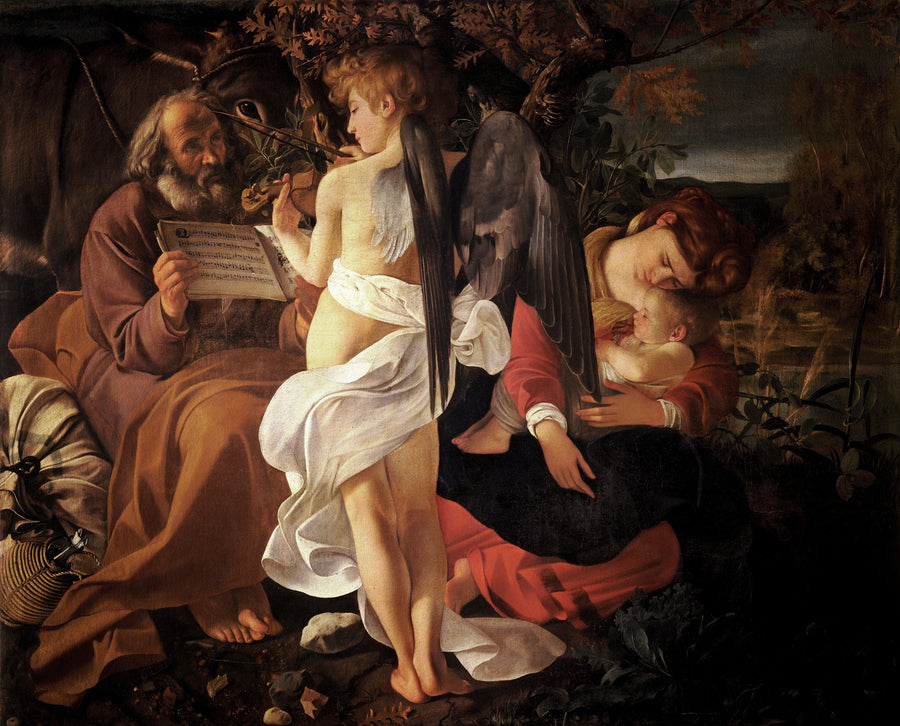 Caravaggio — Rest on the Flight into Egypt | Fine Art Print shown to scale on a wall above a sofa