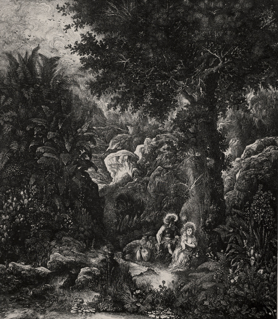Rodolphe Bresdin — Rest on the Flight into Egypt with a Saddled Donkey | Lithograph Print shown to scale on a wall above a sofa