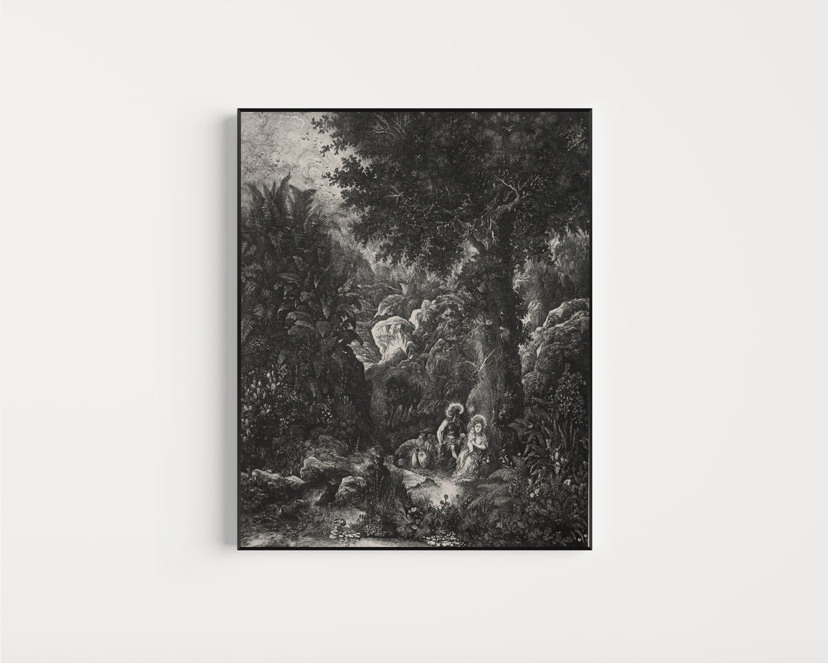 Framed art print of Rest on the Flight into Egypt with a Saddled Donkey by Rodolphe Bresdin, in a slim black frame on a plain white wall