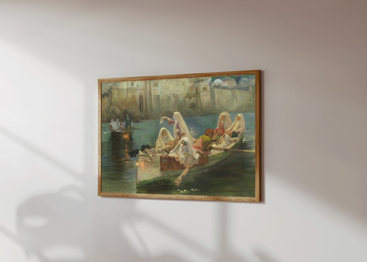Framed art print of Return from the Festival, Algiers by Frederick Arthur Bridgman, in a light wood frame on a sunlit white wall, seen at a slight angle