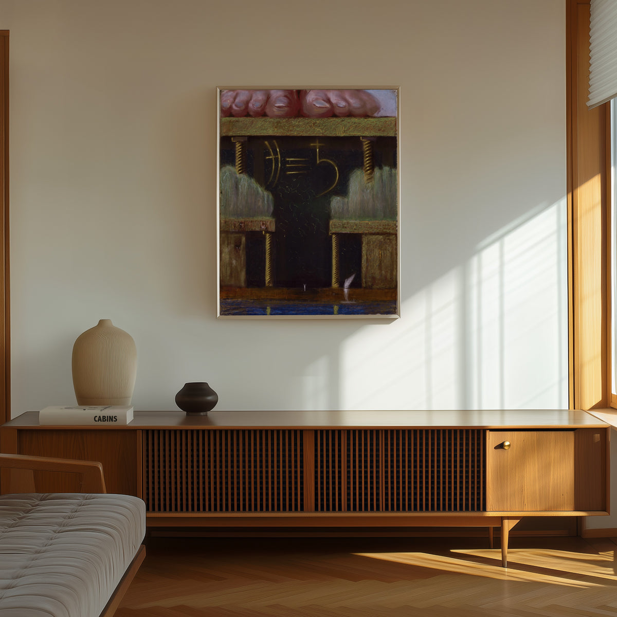 Framed art print of Rex by Mikalojus Konstantinas Čiurlionis, in a thin light frame on a sunlit wall above a wooden sideboard