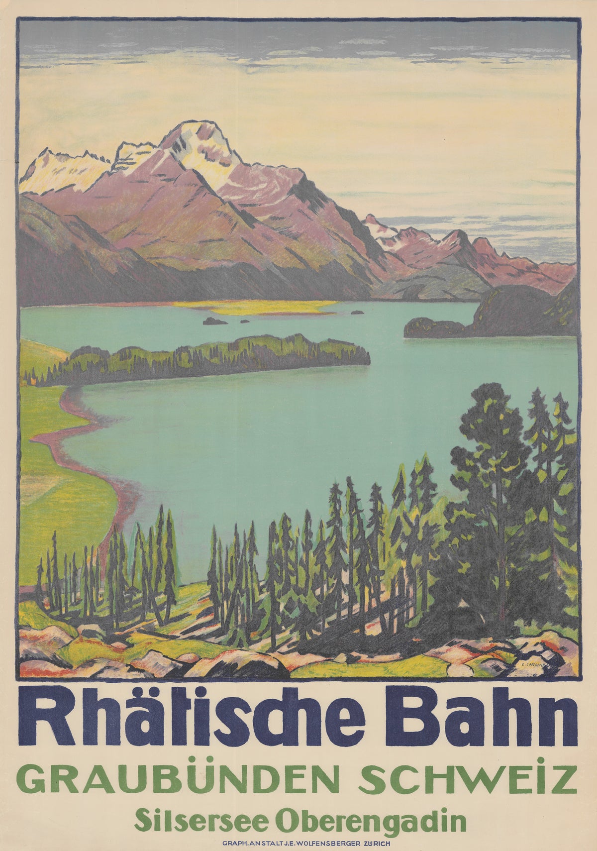 Rhätische Bahn: Graubünden Schweiz, Silsersee Oberengadin by Emil Cardinaux — A turquoise Alpine lake below mauve, snow-dusted peaks