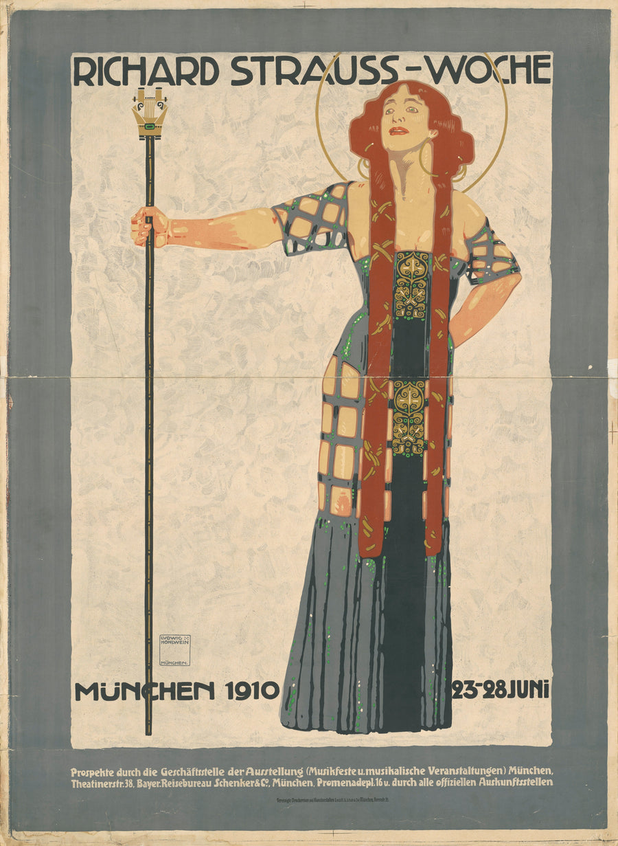 Ludwig Hohlwein — Richard Strauss-Woche, München 1910 | Vintage Poster Print shown to scale on a wall above a sofa