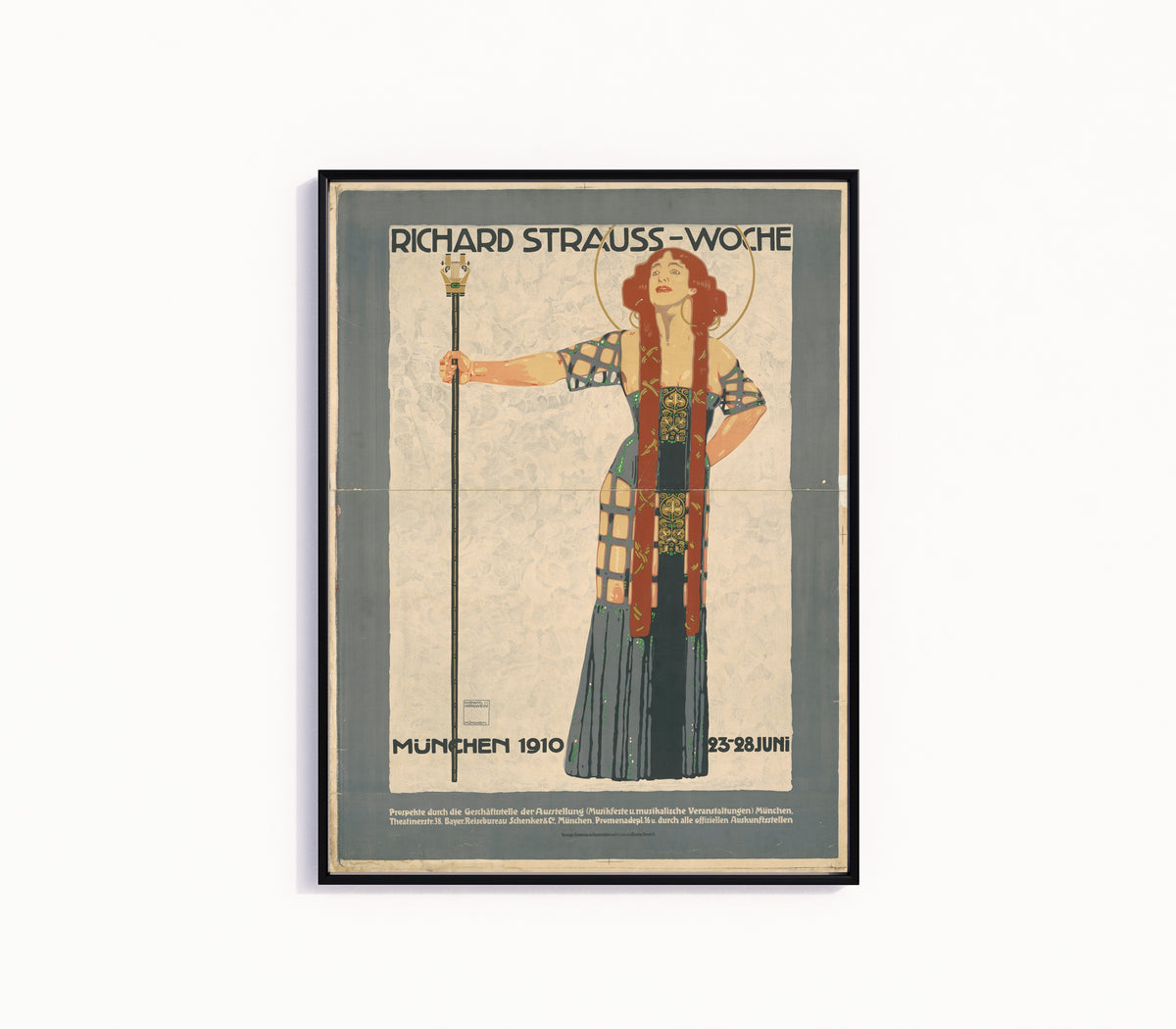 Framed art print of Richard Strauss-Woche, München 1910 by Ludwig Hohlwein, in a slim black frame on a plain white wall