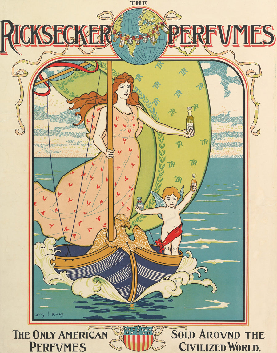 Louis Rhead — Ricksecker Perfumes | Vintage Poster Print shown to scale on a wall above a sofa
