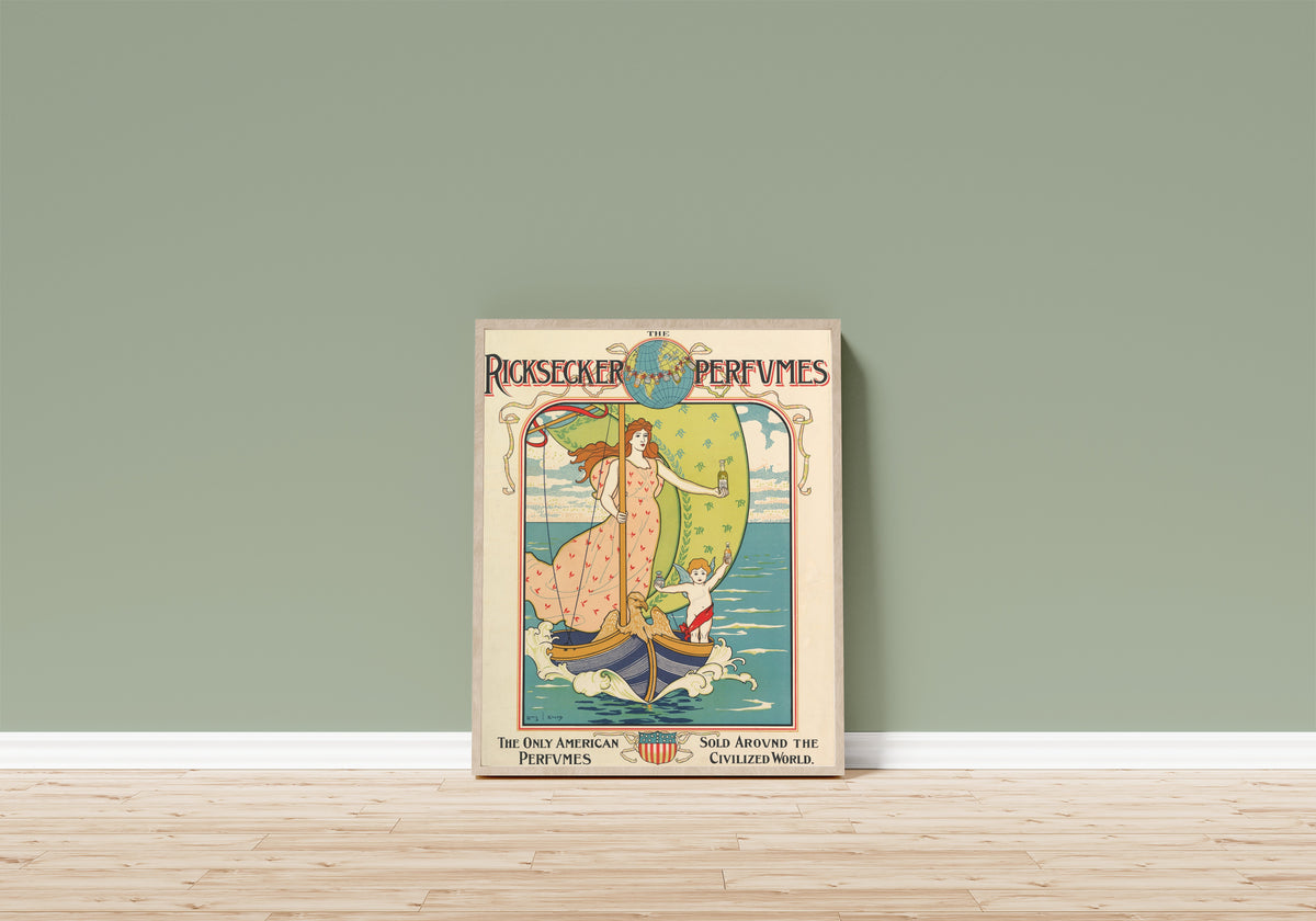 Framed art print of Ricksecker Perfumes by Louis Rhead, in a light wood frame leaning on a sage green wall above a wooden floor