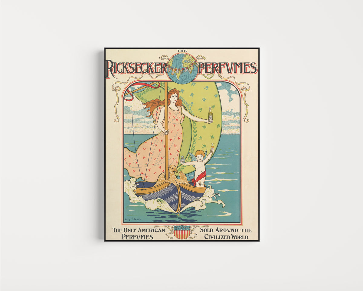 Framed art print of Ricksecker Perfumes by Louis Rhead, in a slim black frame on a plain white wall