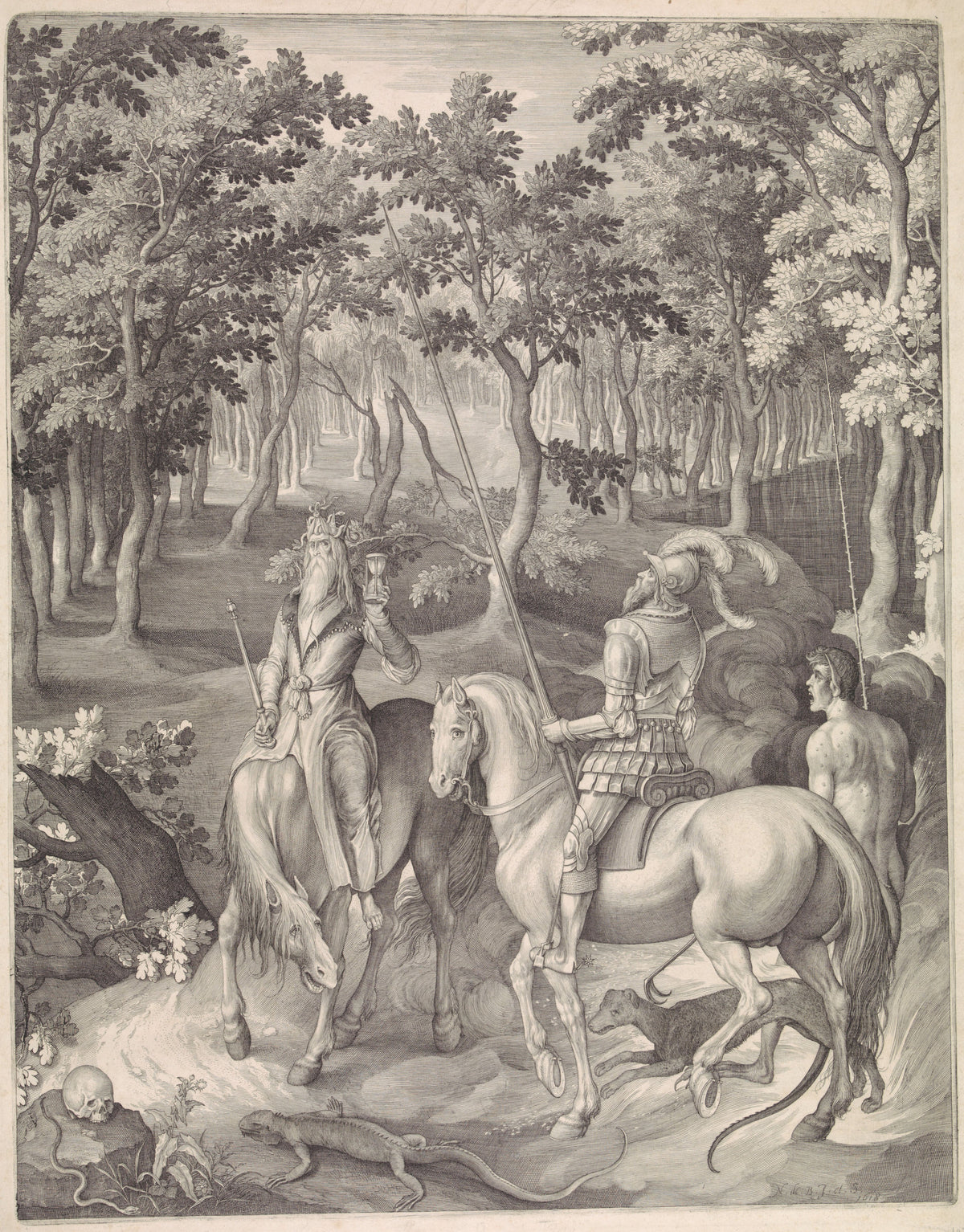 Ridder, Dood en Duivel by Nicolaes de Bruyn — Crowned Death with an hourglass meets an armoured knight in a forest