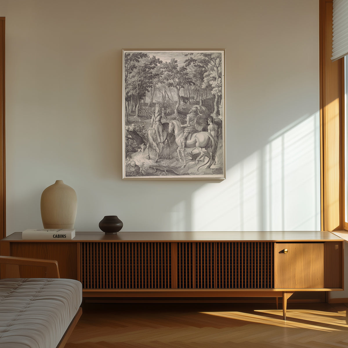 Framed art print of Ridder, Dood en Duivel by Nicolaes de Bruyn, in a thin light frame on a sunlit wall above a wooden sideboard