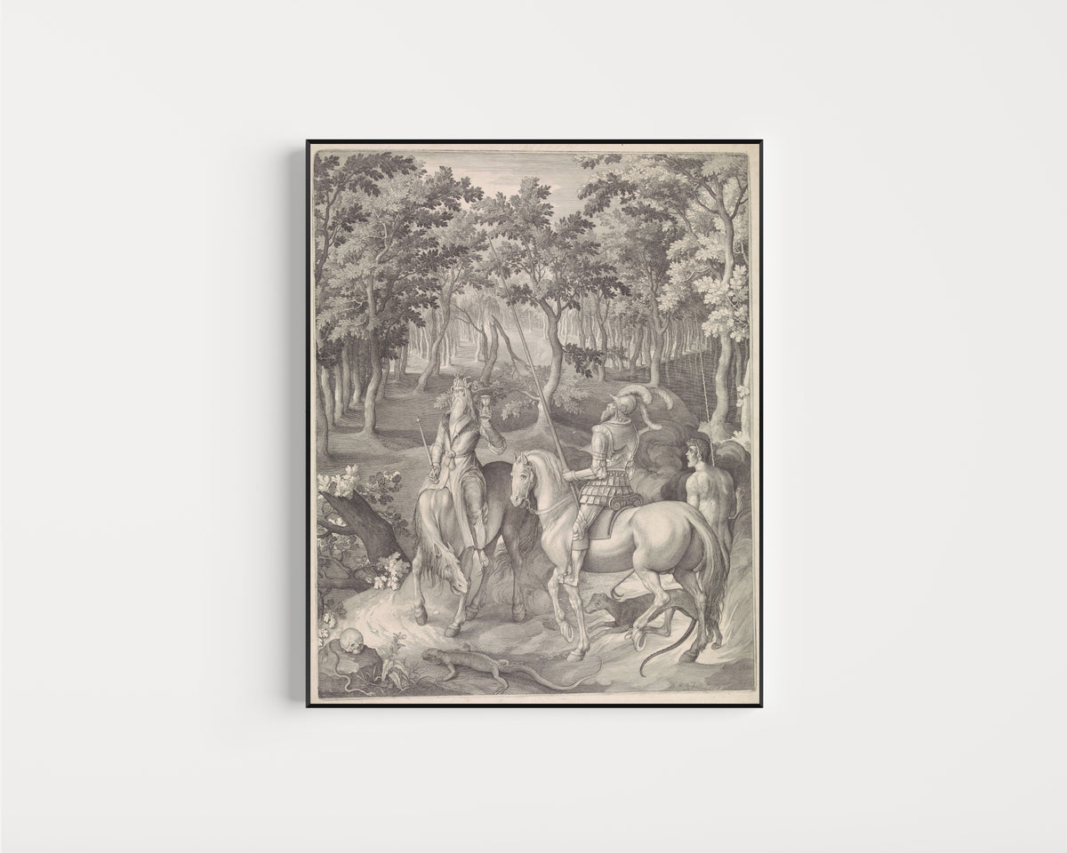 Framed art print of Ridder, Dood en Duivel by Nicolaes de Bruyn, in a slim black frame on a plain white wall