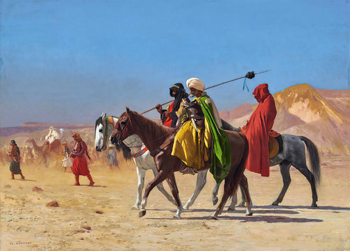 Riders Crossing the Desert by Jean-Léon Gérôme — Three riders cross the sunlit desert under a deep blue sky