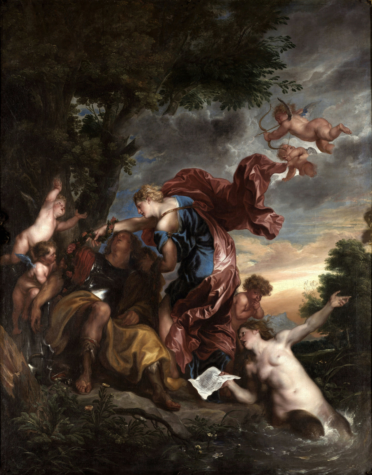 Rinaldo and Armida by Anthony van Dyck — A sorceress crowns a sleeping knight with roses as winged boys fly