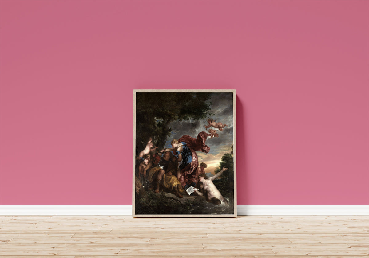 Framed art print of Rinaldo and Armida by Anthony van Dyck, in a light wood frame leaning on a pink wall above a wooden floor