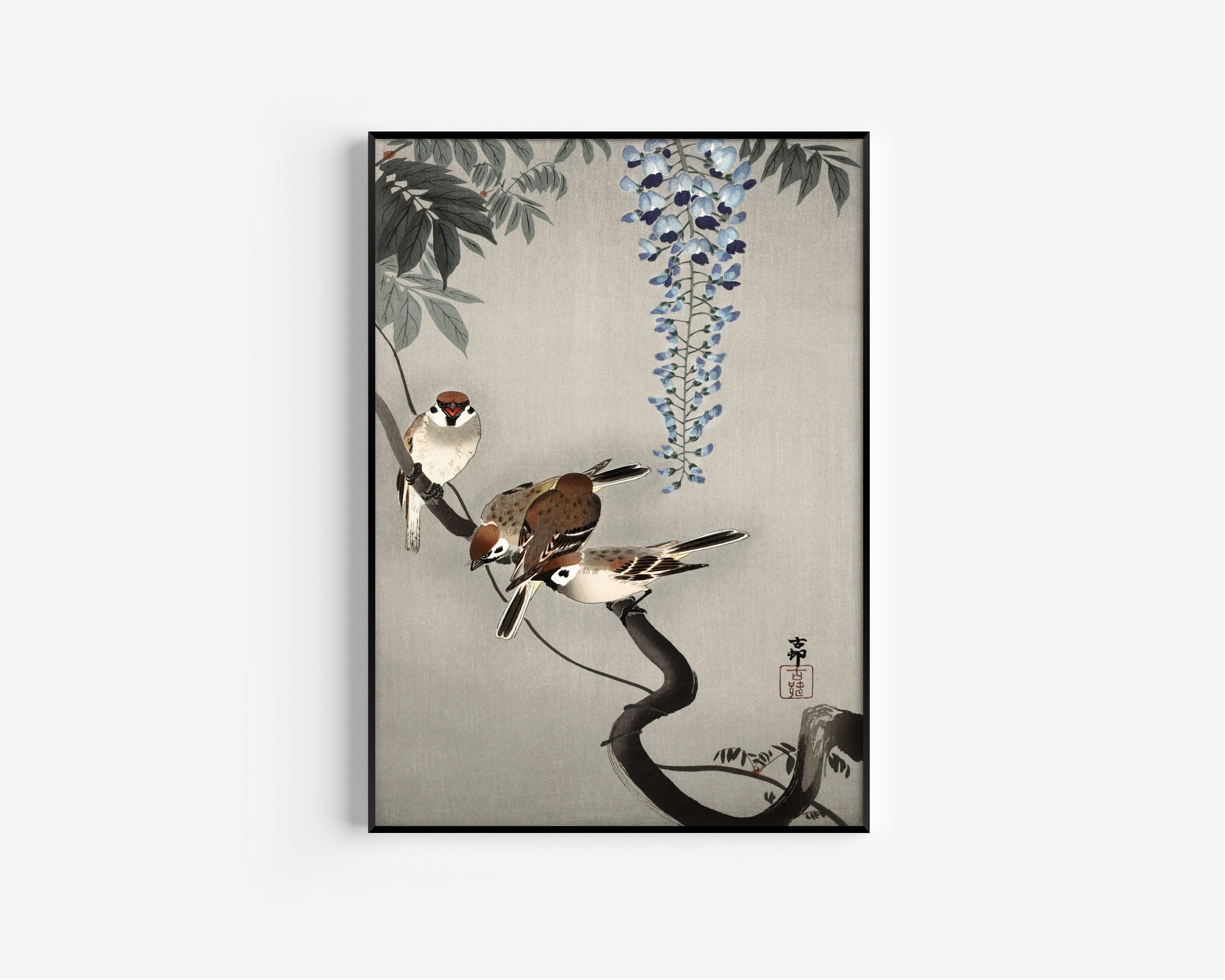 Ohara Koson — Ring Sparrows at Wisteria | Japanese Bird & Flower Woodblock Print