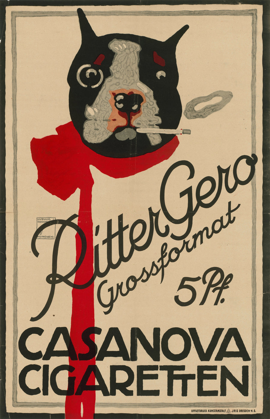 Ludwig Hohlwein — Ritter Gero Grossformat: Casanova Cigaretten | Vintage Poster Print shown to scale on a wall above a sofa