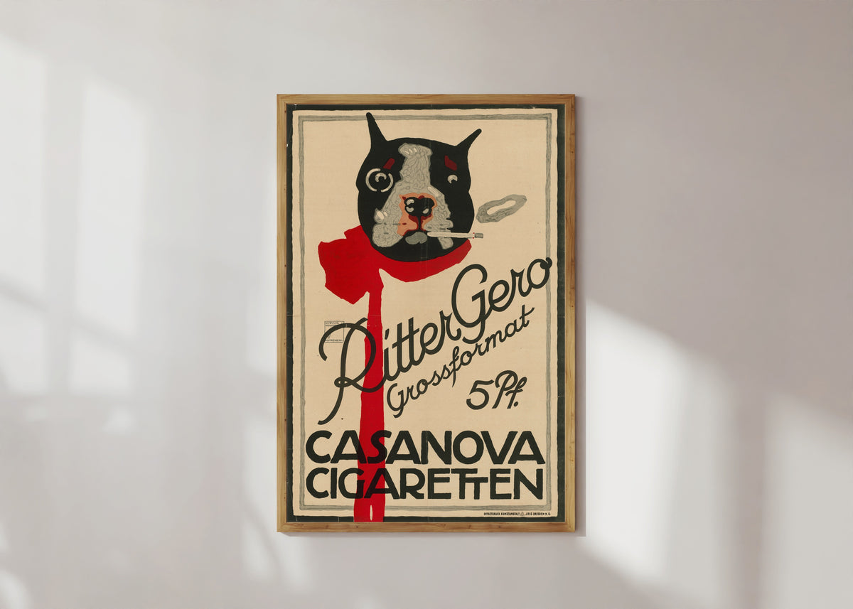 Framed art print of Ritter Gero Grossformat: Casanova Cigaretten by Ludwig Hohlwein, in a light wood frame on a sunlit white wall