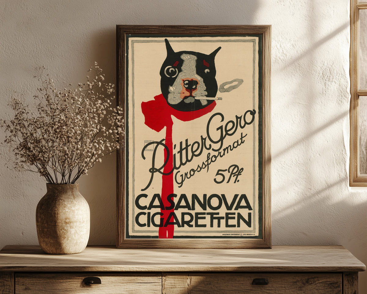 Framed art print of Ritter Gero Grossformat: Casanova Cigaretten by Ludwig Hohlwein, in a dark wood frame leaning on a rustic console beside dried flowers