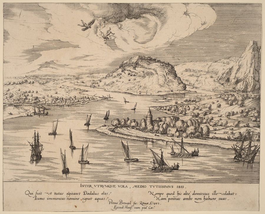 Pieter Bruegel the Elder — River Landscape with the Fall of Icarus | Engraving Print shown to scale on a wall above a sofa