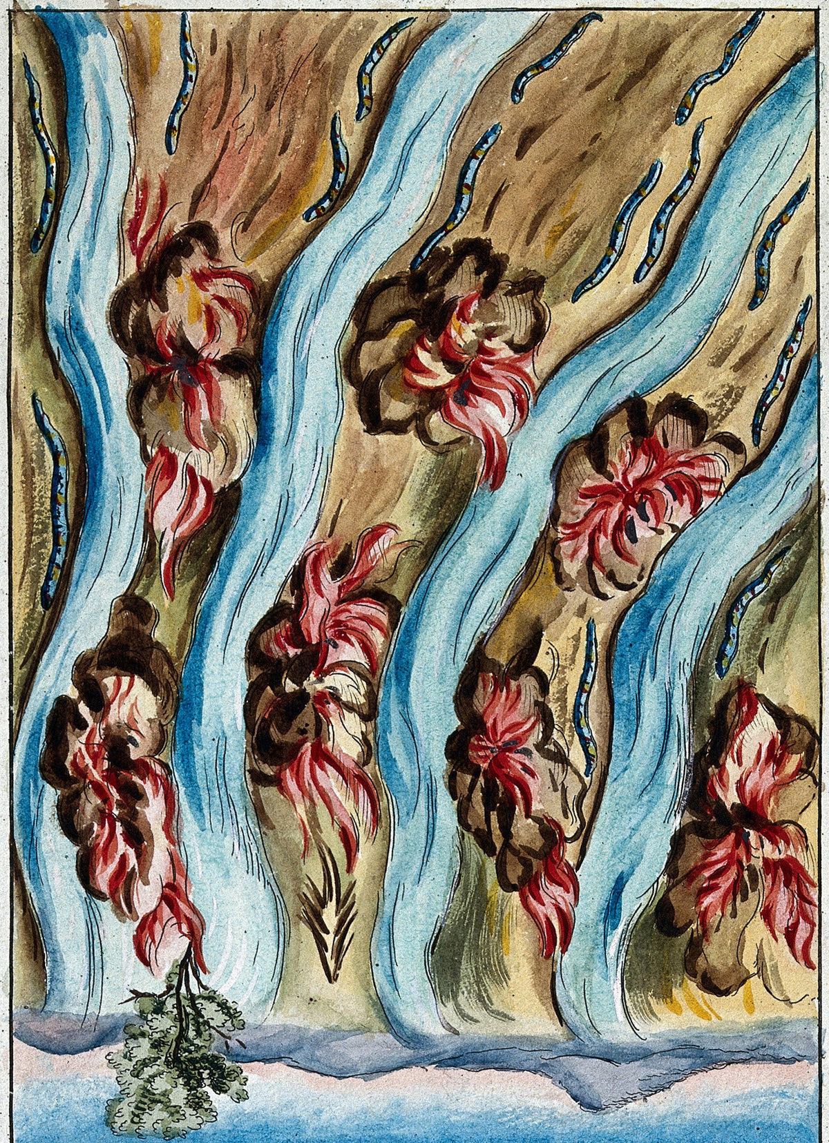 Rivers Running in the Wilderness (Multiplication) by After Nicolas Flamel — Blue streams, serpents and red flames run down a slope