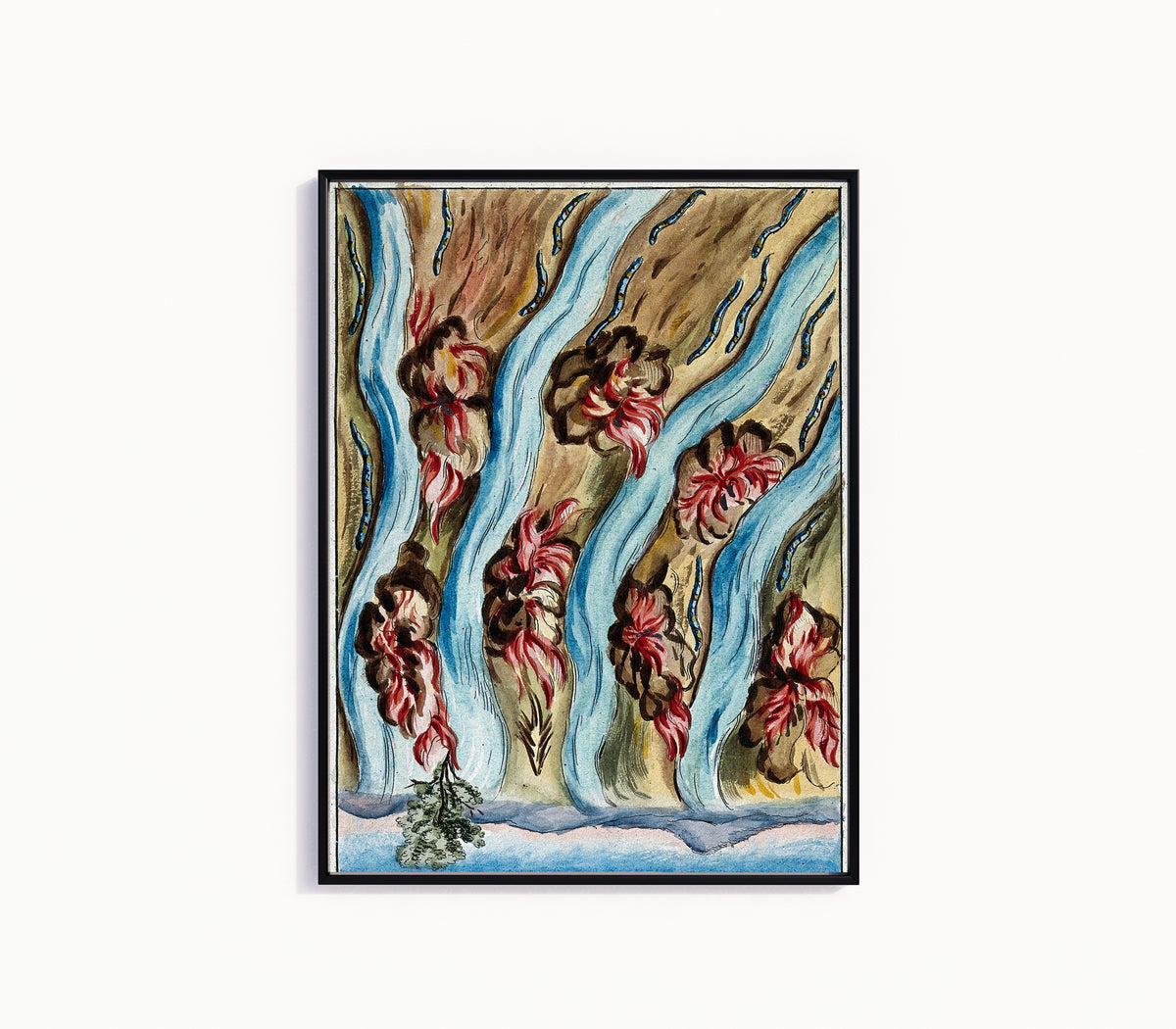 Framed art print of Rivers Running in the Wilderness (Multiplication) by After Nicolas Flamel, in a slim black frame on a plain white wall
