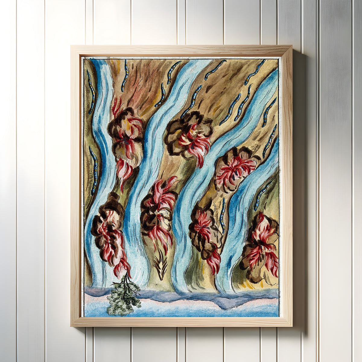 Framed art print of Rivers Running in the Wilderness (Multiplication) by After Nicolas Flamel, in a light wood frame on a white panelled wall