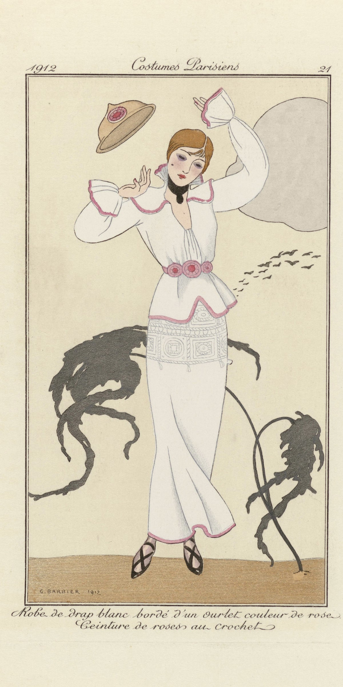 George Barbier — Robe de drap blanc bordé d'un ourlet couleur de rose [White dress with a pink hem] | Art Deco Fashion Print