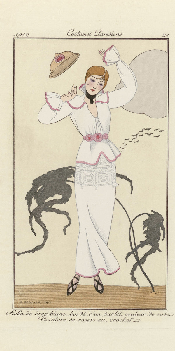 George Barbier — Robe de drap blanc bordé d'un ourlet couleur de rose [White dress with a pink hem] | Art Deco Fashion Print