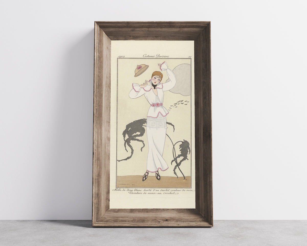 George Barbier — Robe de drap blanc bordé d'un ourlet couleur de rose [White dress with a pink hem] | Art Deco Fashion Print