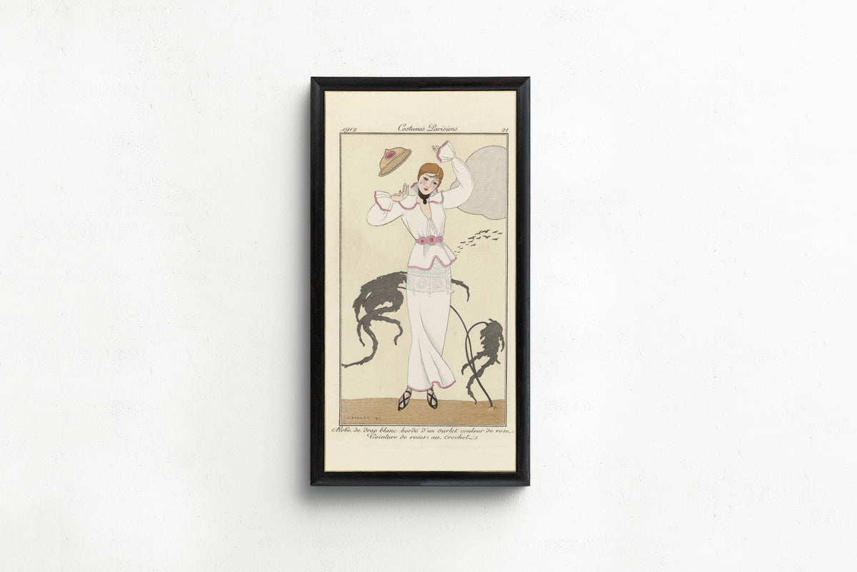 George Barbier — Robe de drap blanc bordé d'un ourlet couleur de rose [White dress with a pink hem] | Art Deco Fashion Print