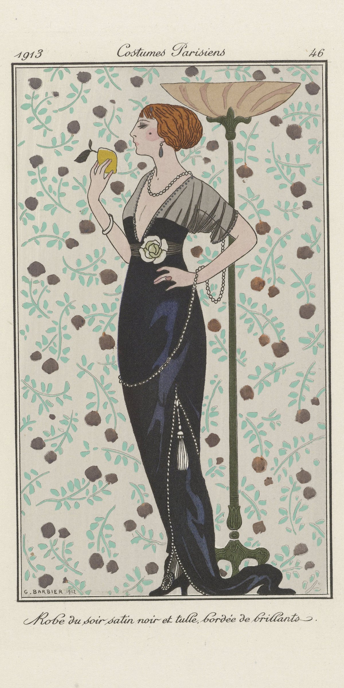 George Barbier — Robe du soir satin noir et tulle, bordée de brillants [Black satin and tulle evening gown] | Art Deco Fashion Print